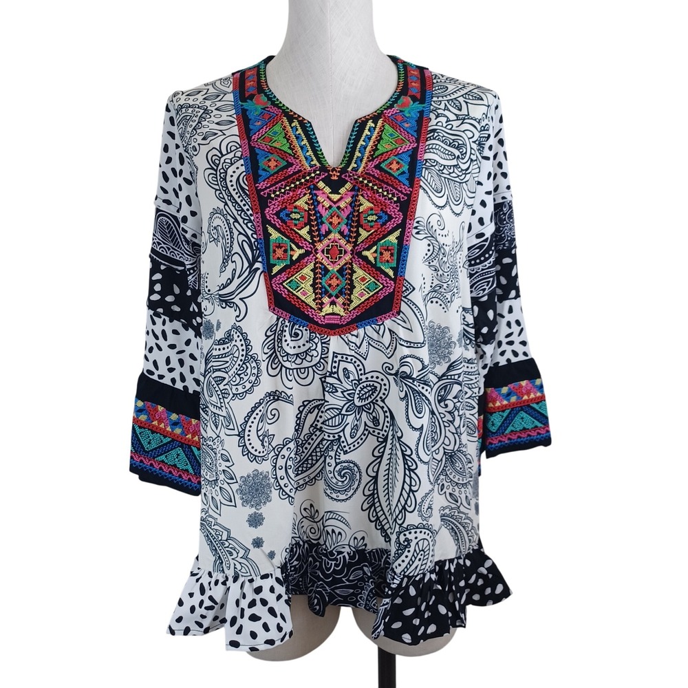 Caleoas Petite Large Embroidered Paisley Polka Dot Ruffle Tunic Blouse Top PL